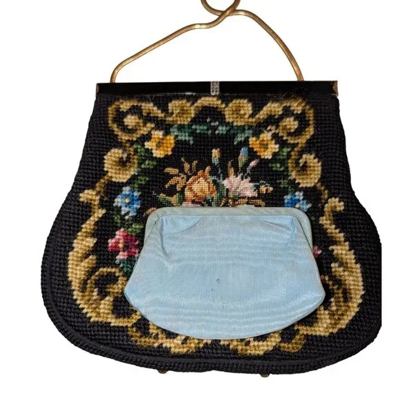 Vintage Floral Needlepoint Evening Bag Metal Frame Chain Strap etched clasp - Picture 5 of 16